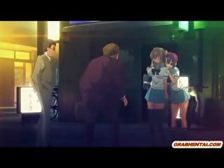 Bystiga japanska animen coed tittyfucking och ansikts- cumming