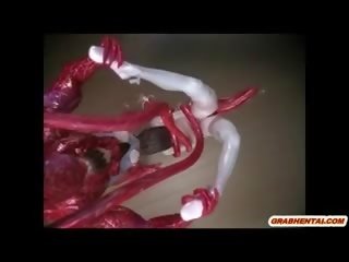 3d animen fångad av gigantisk tentacles och sugs bigcock