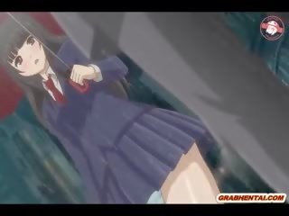 Ýapon anime teenager gets squeezing her süýji emjekler and finger