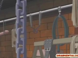 Chained anime brunette gets dildoed pussy and swell sucking stiff cock