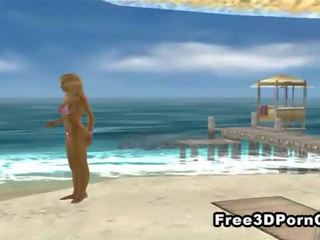 Smashing 3D cartoon blonde masturbating on the beach